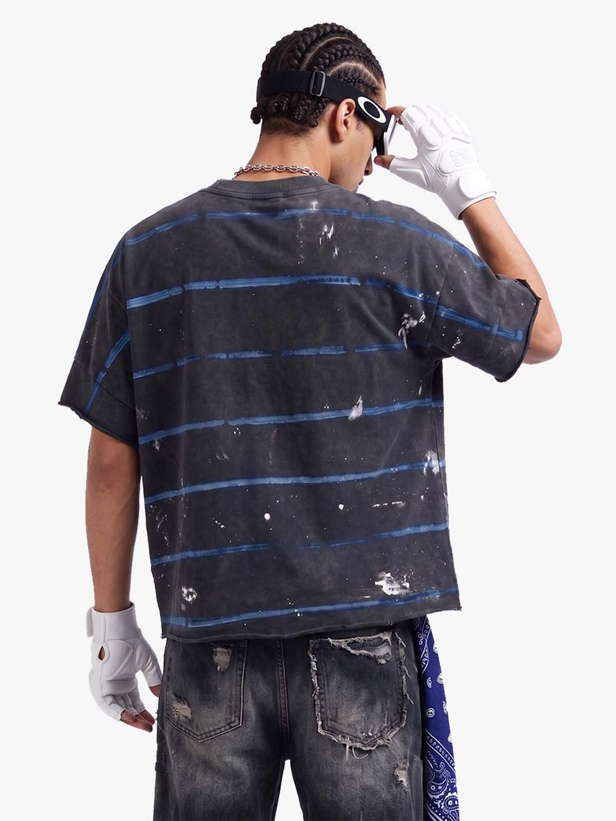 Vintage Washed Striped Paint Splatter Graphic T-Shirt 