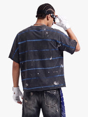 Vintage Washed Striped Paint Splatter Graphic T-Shirt 