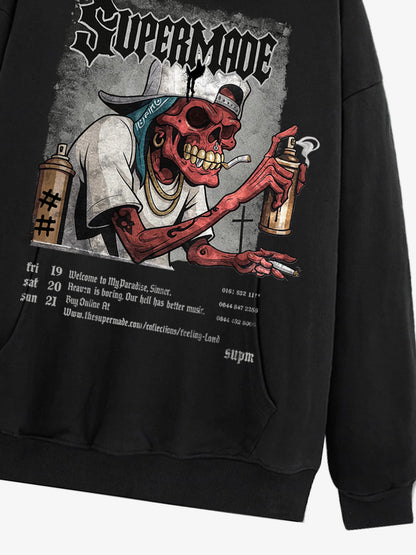 Thesupermade Punk Street Blood Red Skull Graffiti Hooded Sweatshirt 