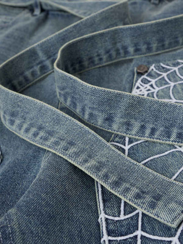 Embroidered Spiderweb Denim Shorts