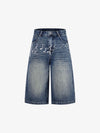 Music Print Denim Shorts with Embroidered Notes