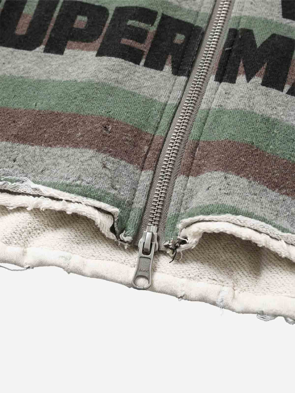 Striped Layered Distressed Cropped Zip Hoodie