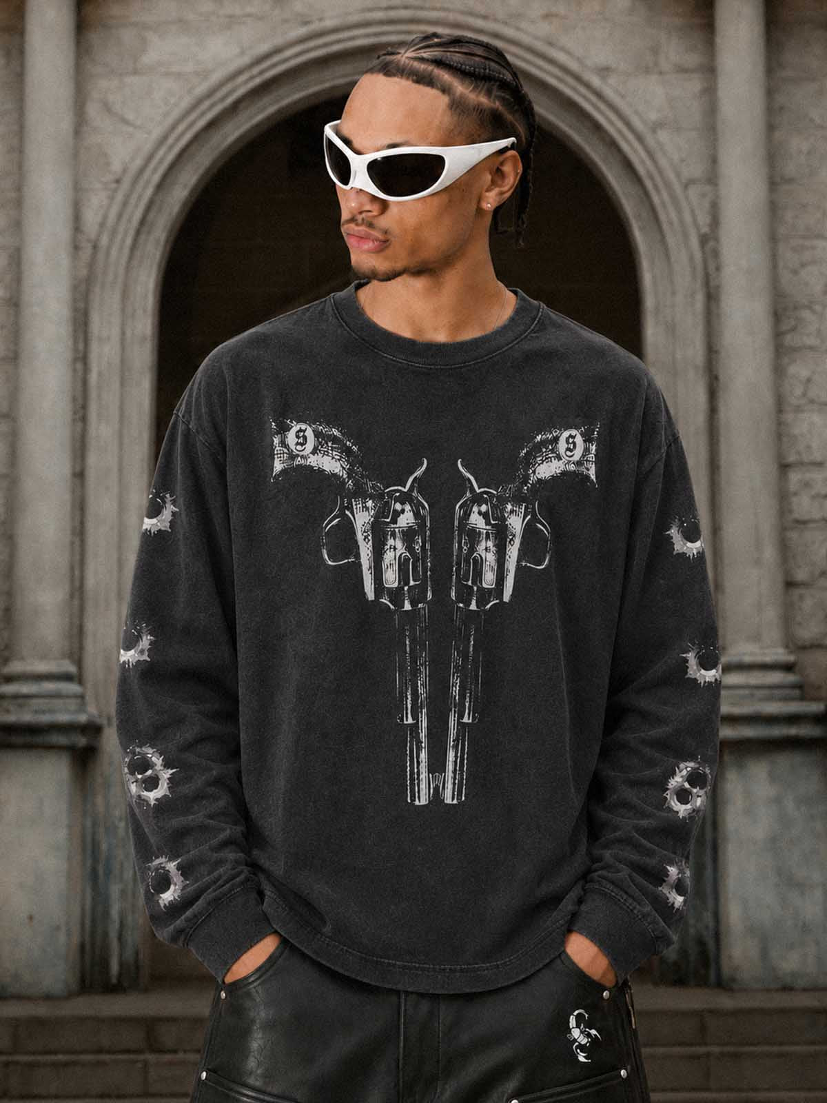 Revolver Graphic Distressed Long Sleeve Tee
