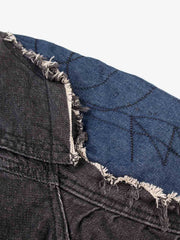 Patchwork Distressed Faux-Fur Collar Denim Jacket