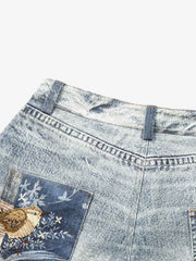 Charm Detail Graphic Denim Shorts 