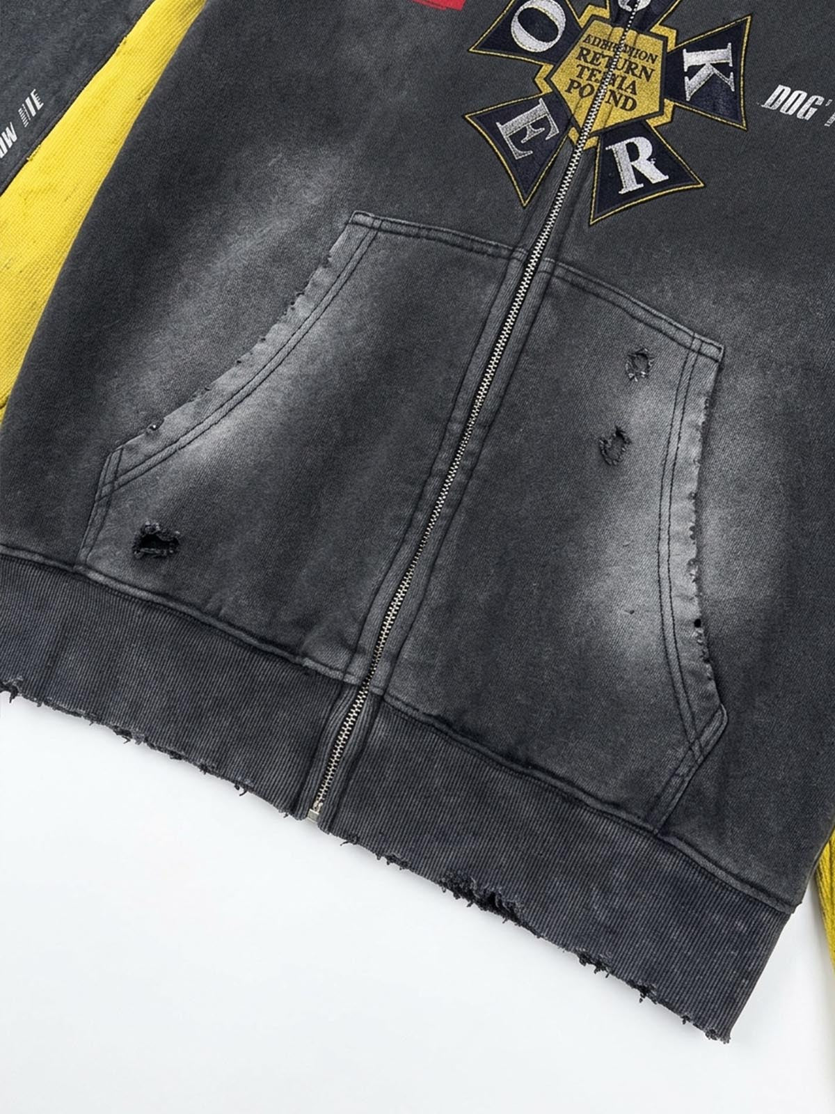 Washed Distressed Color Block Waffle Zip Hoodie