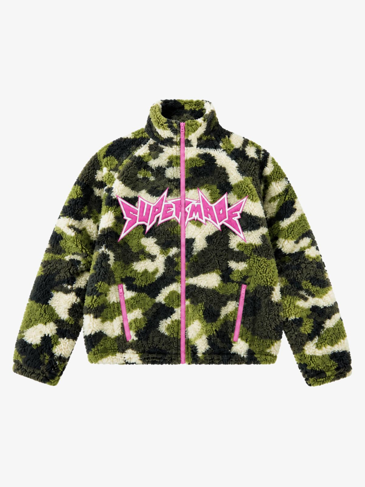 Camo Embroidered Letter Stand-Collar Fleece Coat