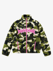 Camo Embroidered Letter Stand-Collar Fleece Coat