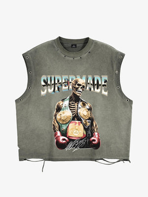 Distressed Sleeveless Tank Top with Punk Boxing Skull Print – Cotton Blend Grommet Detail Streetwear