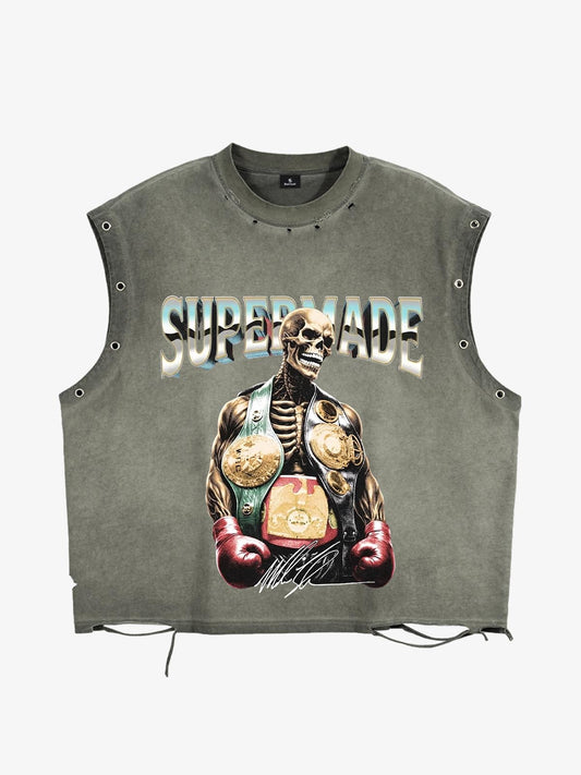 Distressed Sleeveless Tank Top with Punk Boxing Skull Print