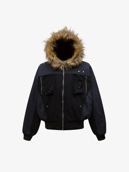 Patchwork Embroidered Fur Hooded Jacket - 2333 