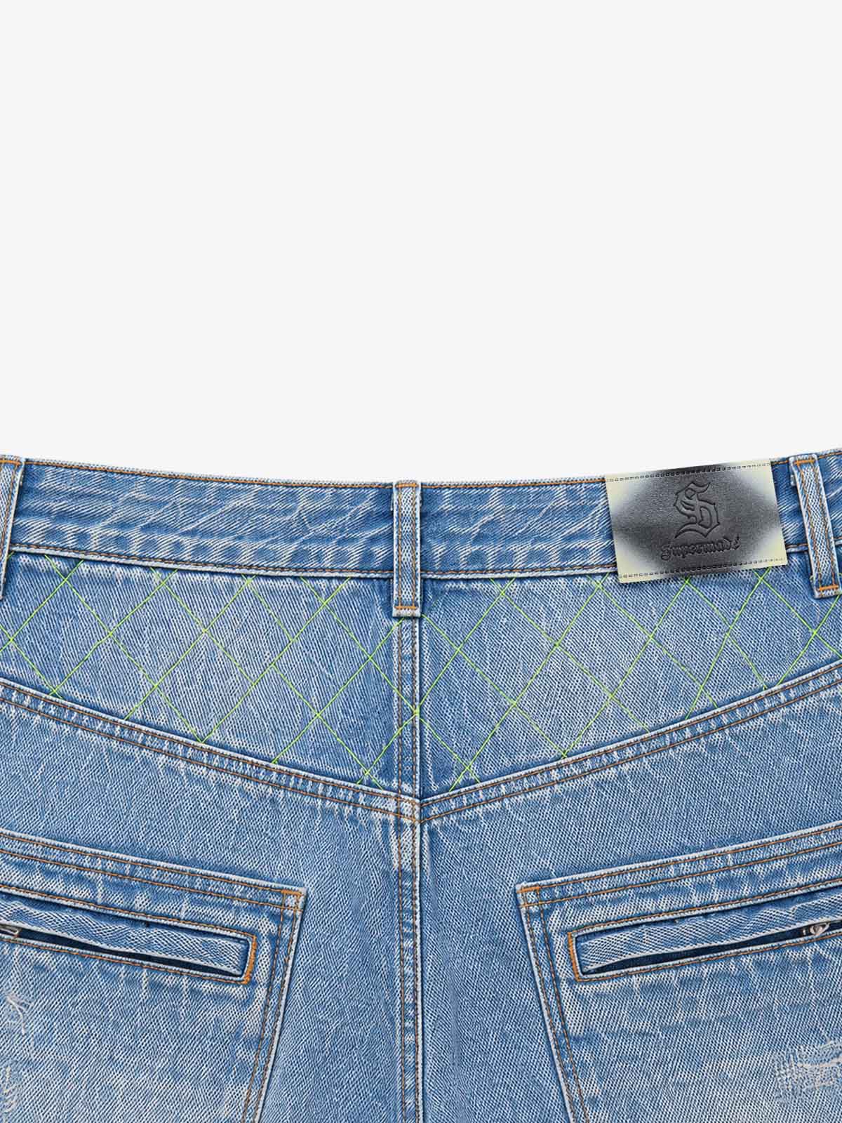 Double-Zip Paneled Distressed Bootcut Jeans