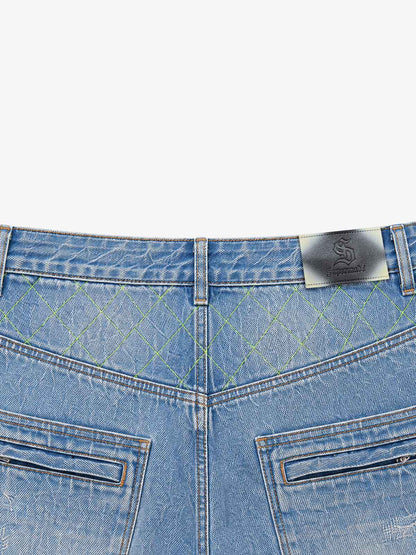 Double-Zip Paneled Distressed Bootcut Jeans
