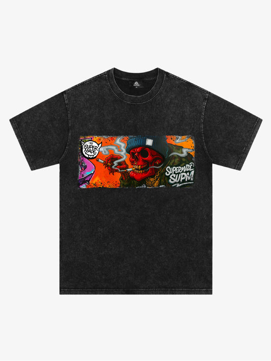Thesupermade Distressed Blood Red Skull Graffiti T-shirt 