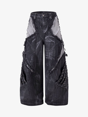 Retro Distressed Studded Heavy-Duty Functional Jeans 