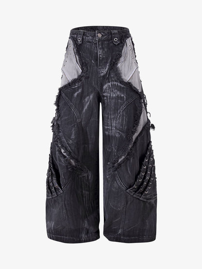 Retro Distressed Studded Heavy-Duty Functional Jeans 