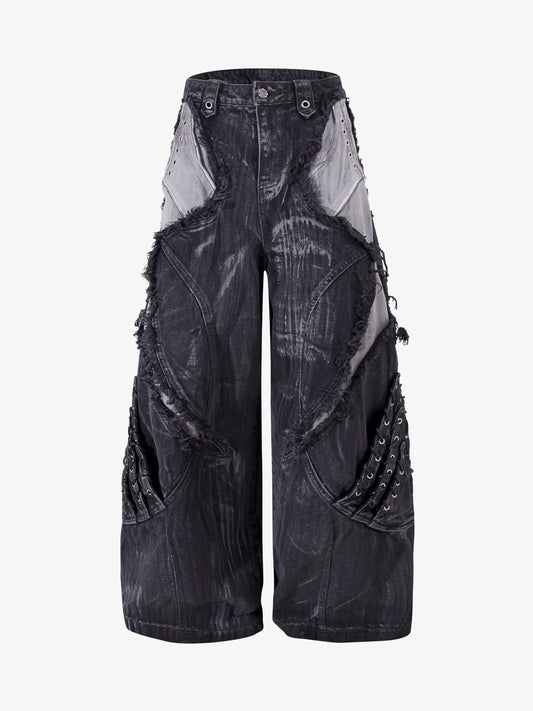 Retro Distressed Studded Heavy-Duty Functional Jeans 