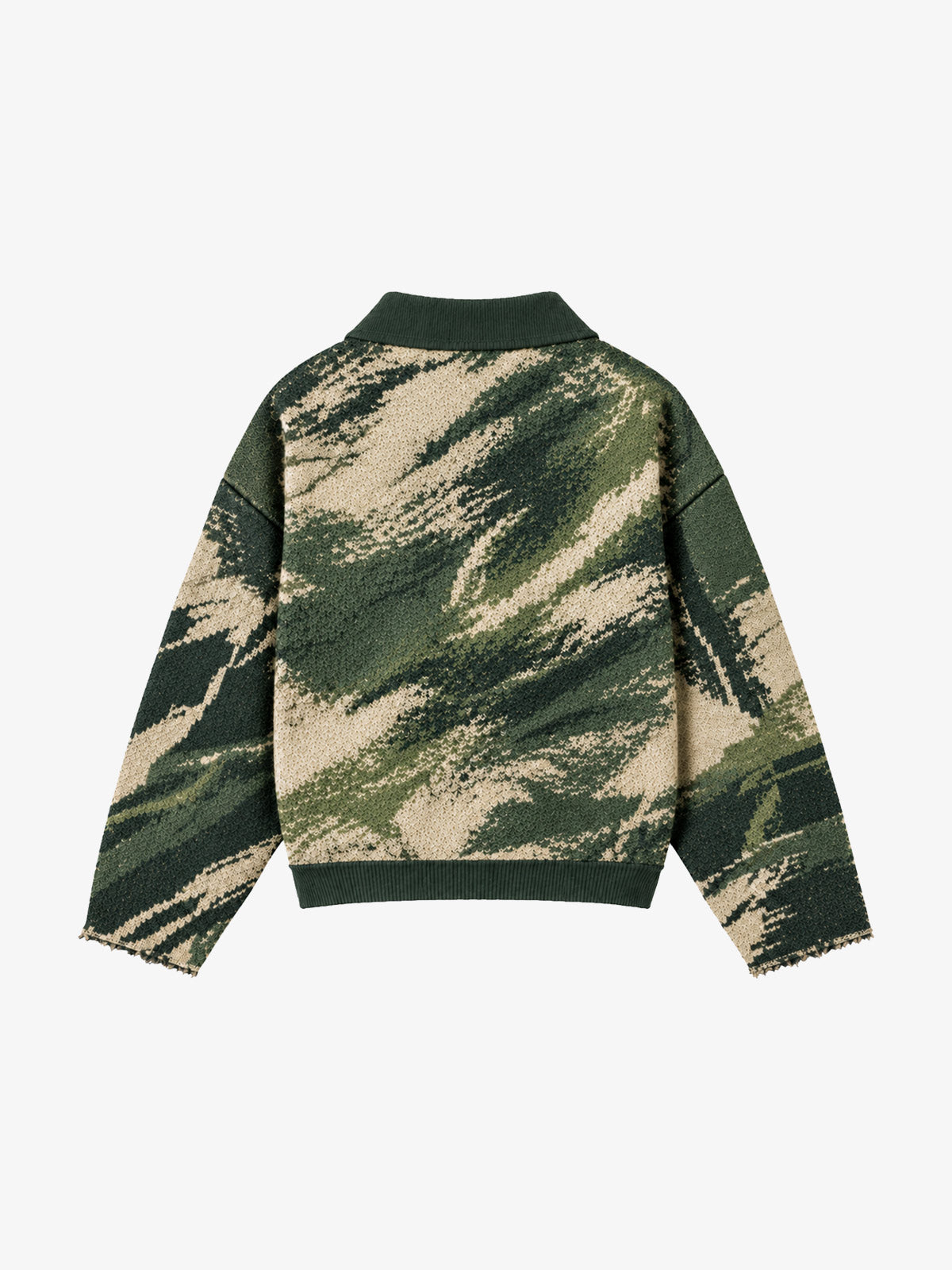 Distressed Camo Graphic Jacquard Knit Polo Sweater