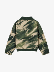 Distressed Camo Graphic Jacquard Knit Polo Sweater