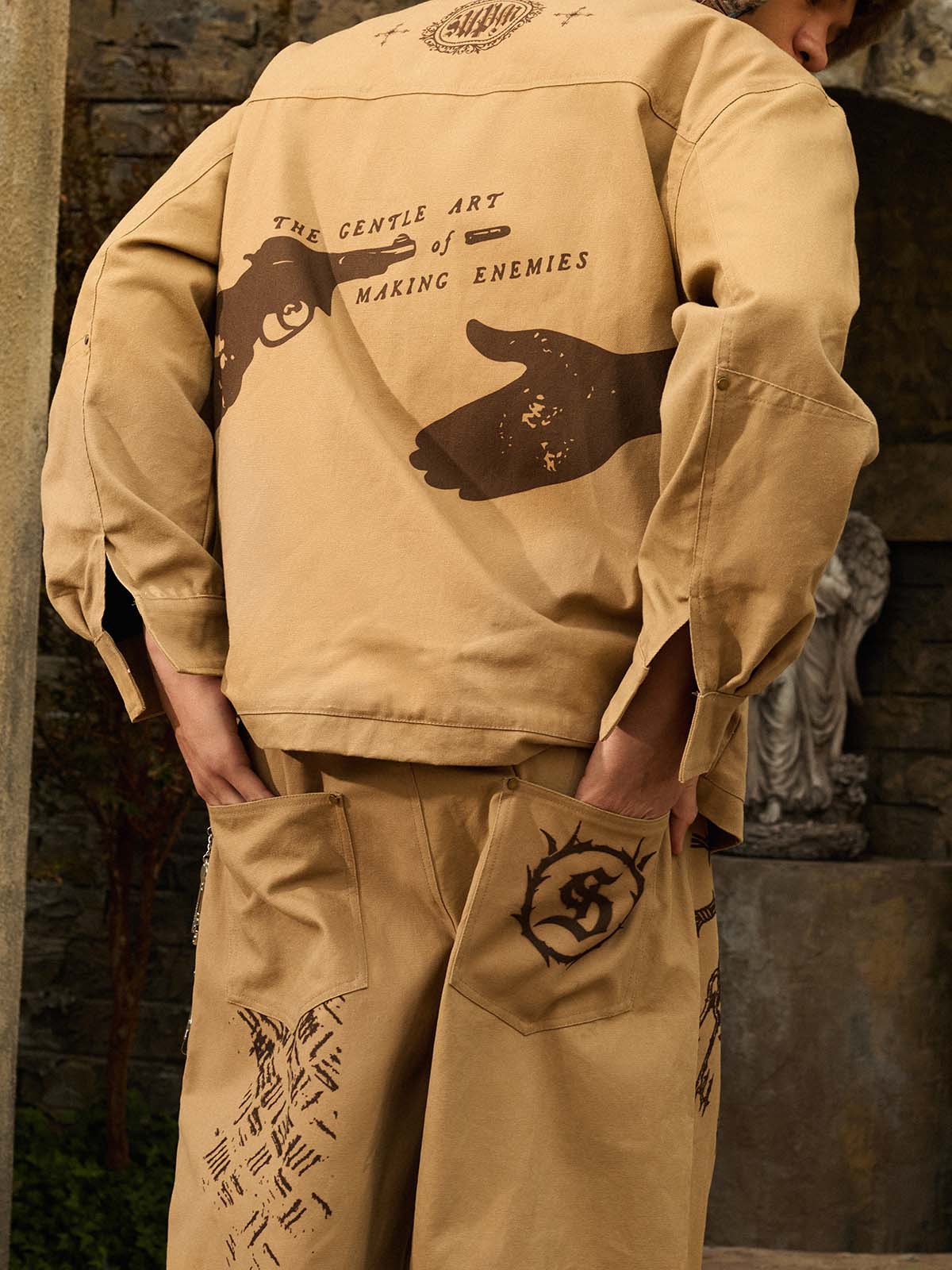 Supermade “Your God Is Not Here” Slogan Print Color-Blocked Embroidered Retro Canvas Jacket 