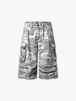 Camo Cargo Shorts with Paint Splatter – Relaxed Fit Utility Streetwear