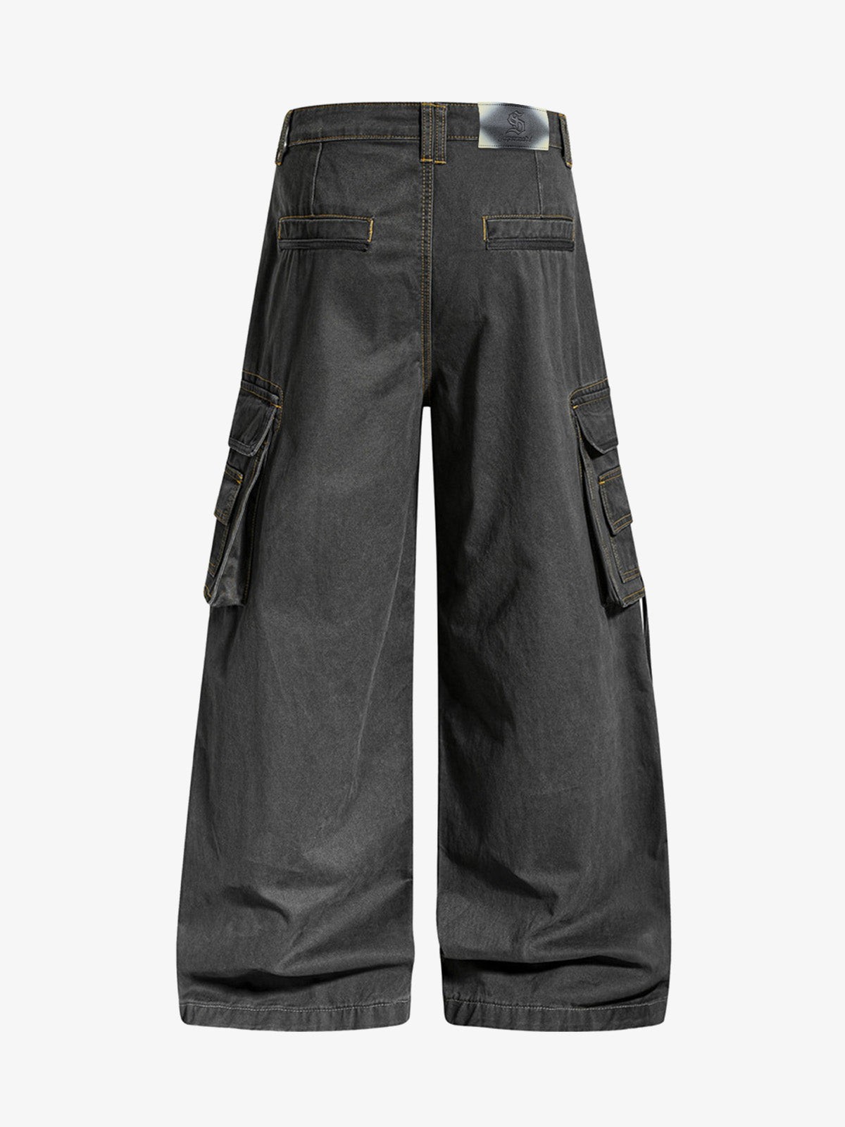 Retro punk style multi-pocket wide-leg cargo pants with rivet pleats and logo print design. 