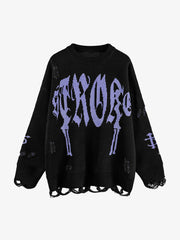 High Street Letter Jacquard Ripped Tassel Sweater 
