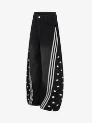 Star Print Curved Stripe Barrel Baggy Jeans