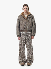 Washed High-Collar Multi-Zip Bomber Coat