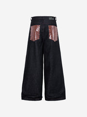 Leather Patchwork Studded Loose-Fit Jeans