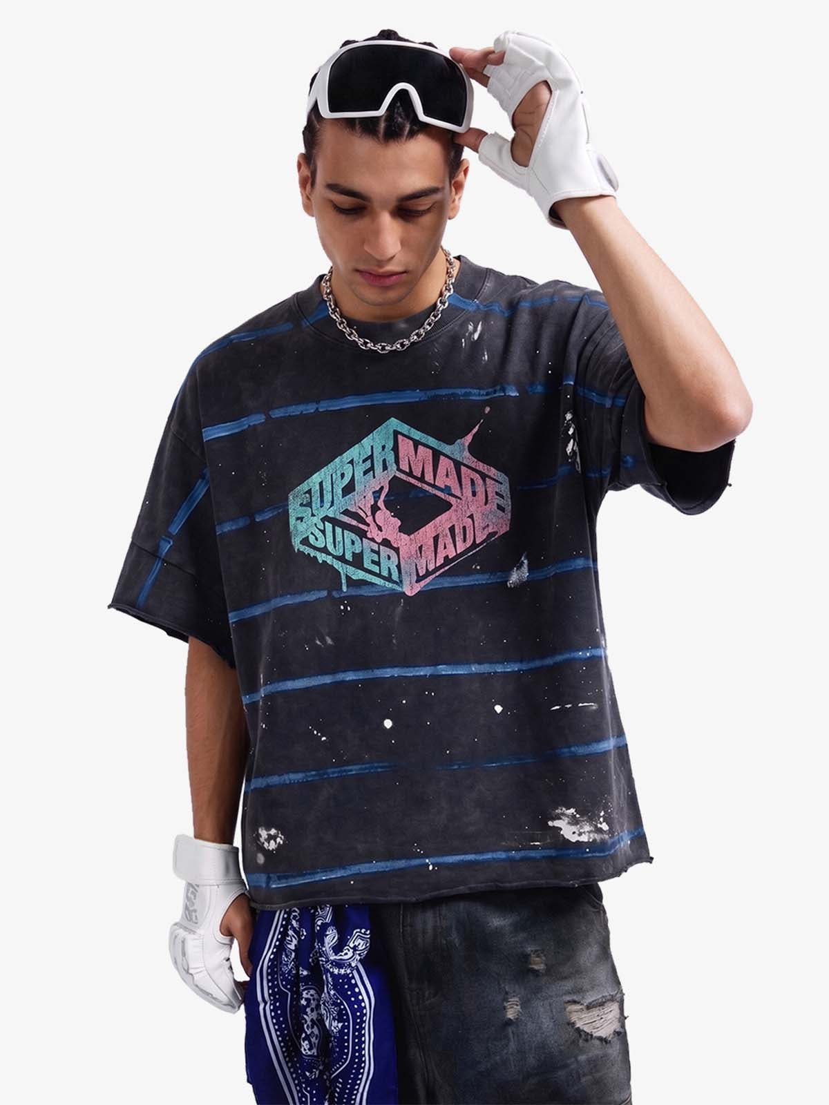 Vintage Washed Striped Paint Splatter Graphic T-Shirt 