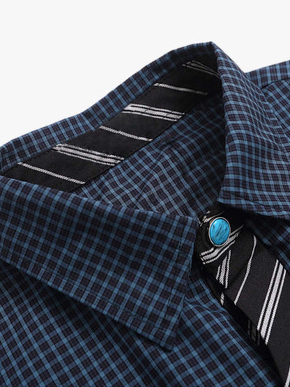 Tie Contrast Stitching Casual Plaid Shirt 