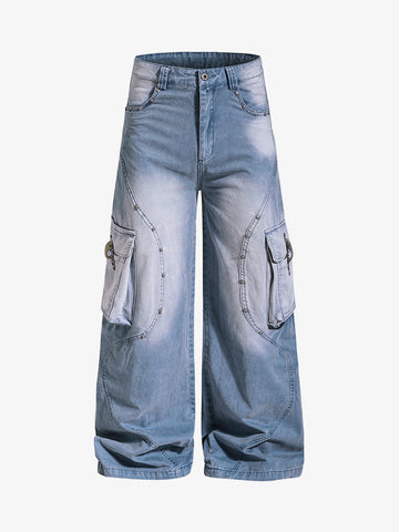 Studded Curved Seam Cargo Jeans 
