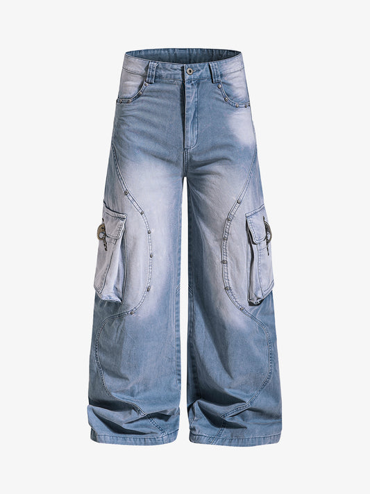 Studded Curved Seam Cargo Jeans