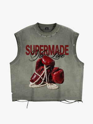 Washed Sleeveless Vest – Oversized Grommet Detail Drawstring Hem Streetwear