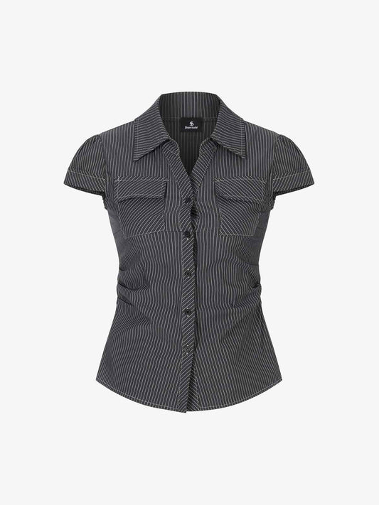 Pinstripe Slim Fit Ruched Waist Shirt 