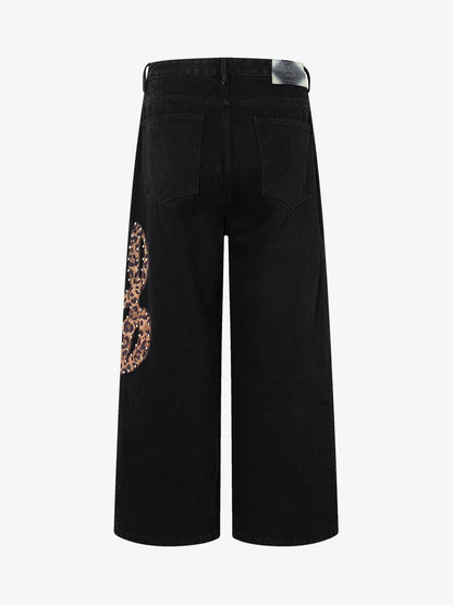Retro Rhinestone Leopard Patch Music Note Straight Jeans 