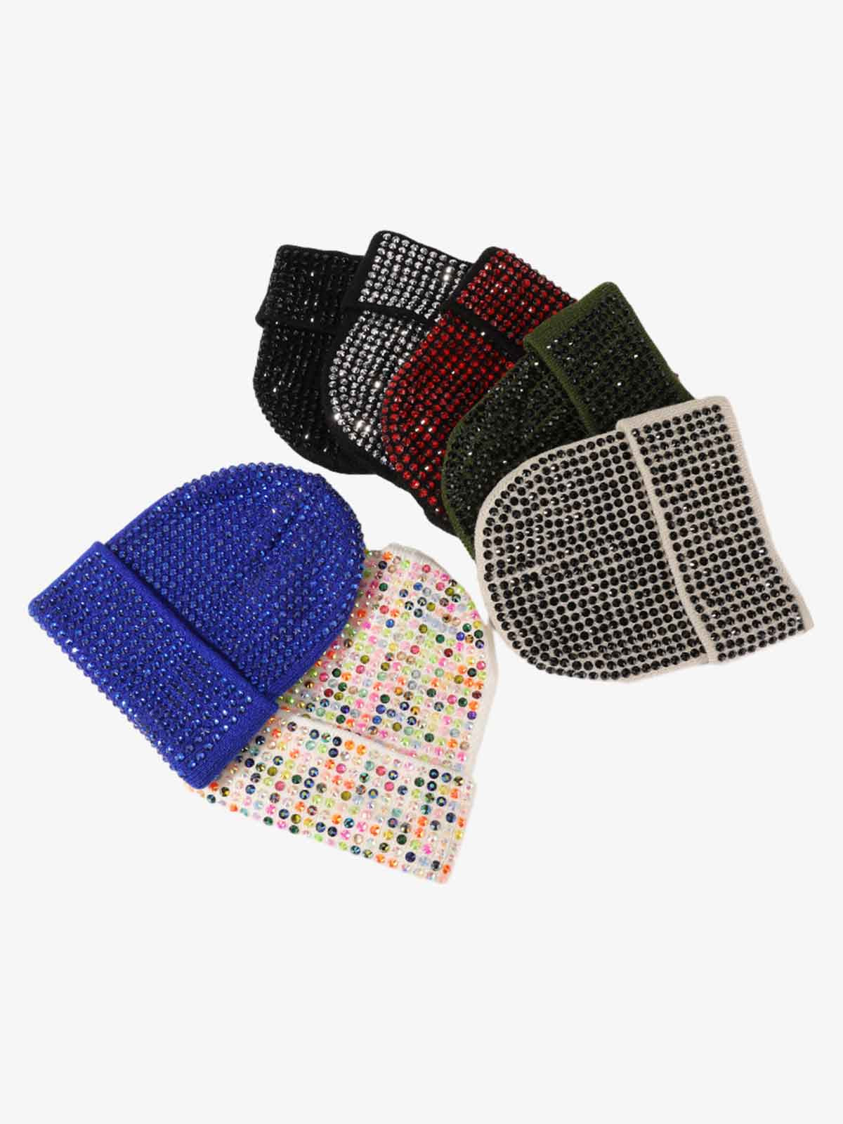 Rhinestone Embellished Ribbed Knit Beanie Hat 