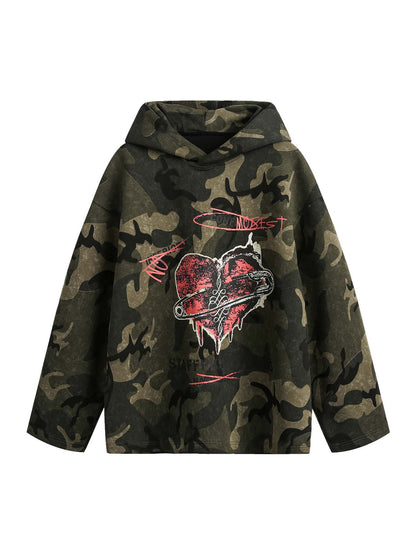 Vintage Camouflage Flame Heart Print Hoodie 
