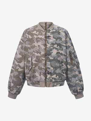Camo Contrast Metal Buckle Bomber Jacket