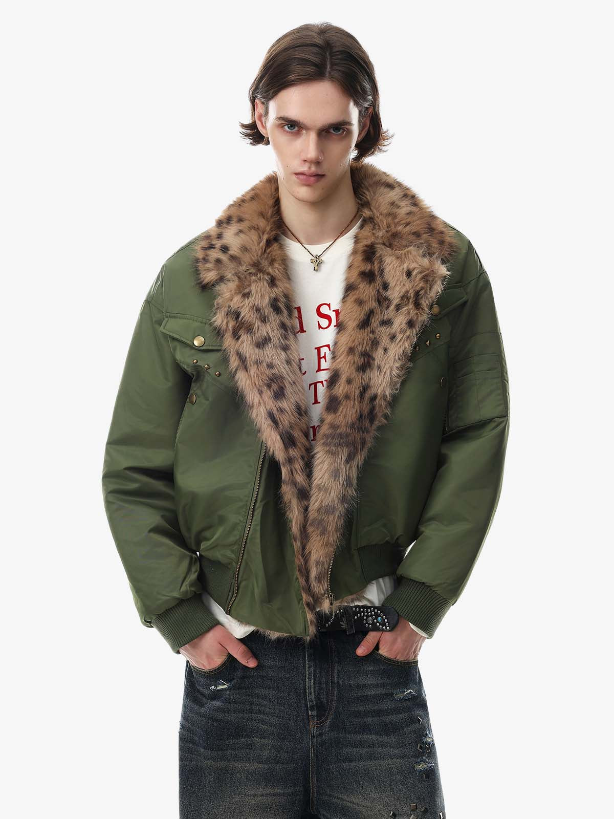 Leopard Faux-Fur Collar Studded Jacket