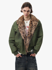 Leopard Faux-Fur Collar Studded Jacket