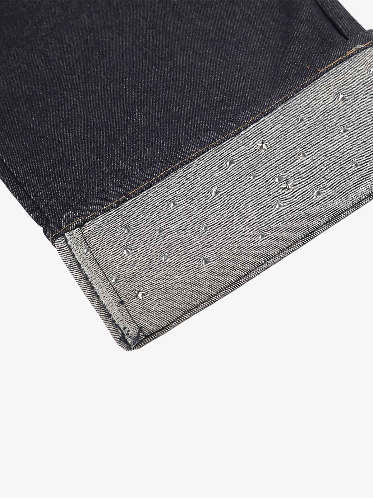 Thesupermade Raw Denim Rhinestone Turn-up Baggy Jeans