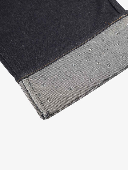 Thesupermade Raw Denim Rhinestone Turn-up Baggy Jeans