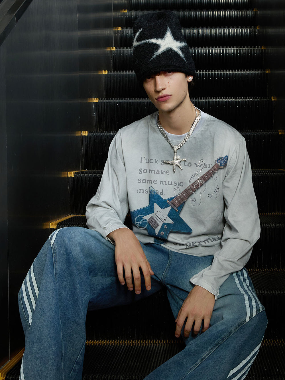 Guitar Music Note Graphic Distressed Long Sleeve Tee