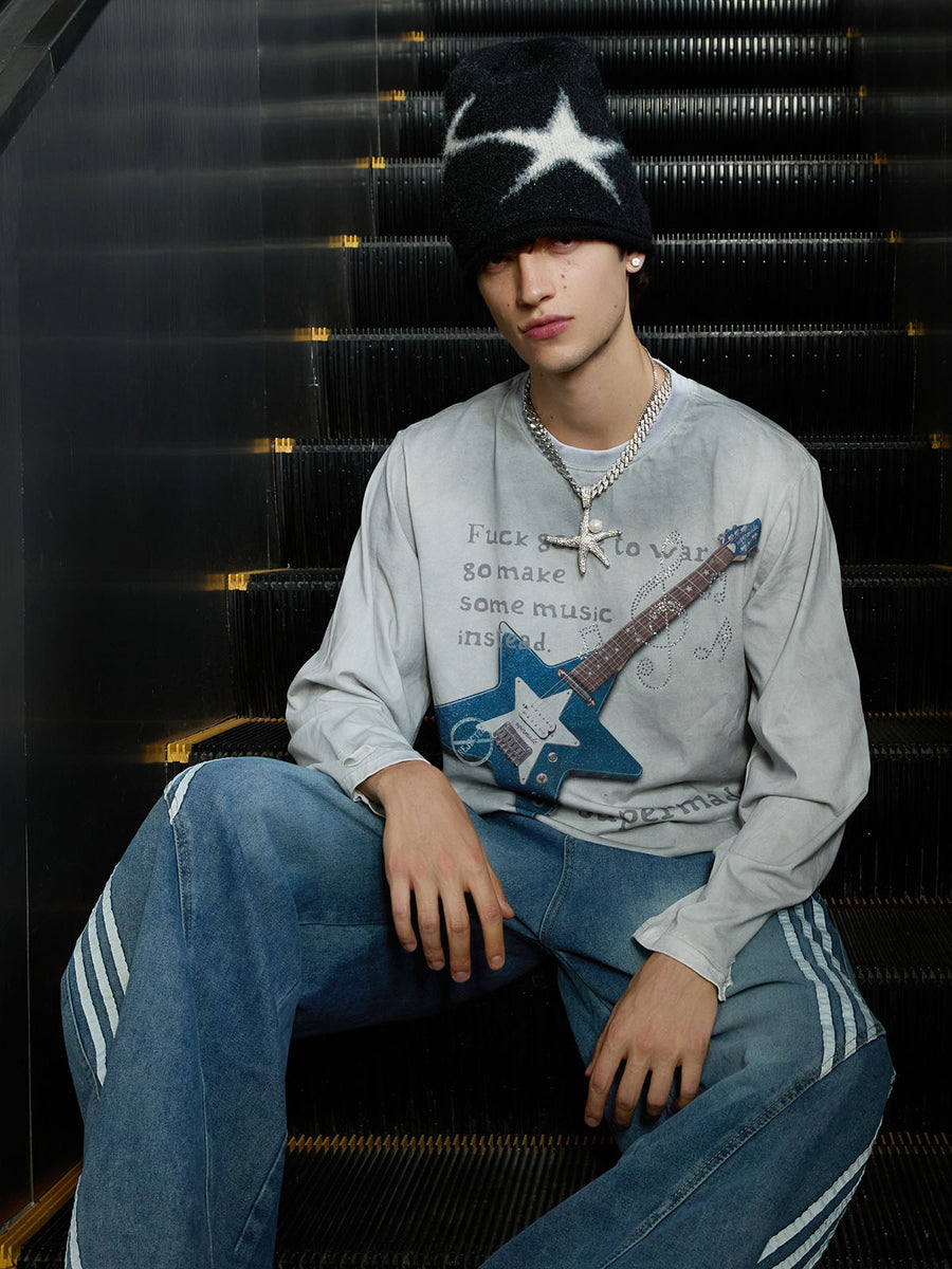 Guitar Music Note Graphic Distressed Long Sleeve Tee; Pale / S, Pale / M, Pale / L, Pale / XL, Pale / 2XL