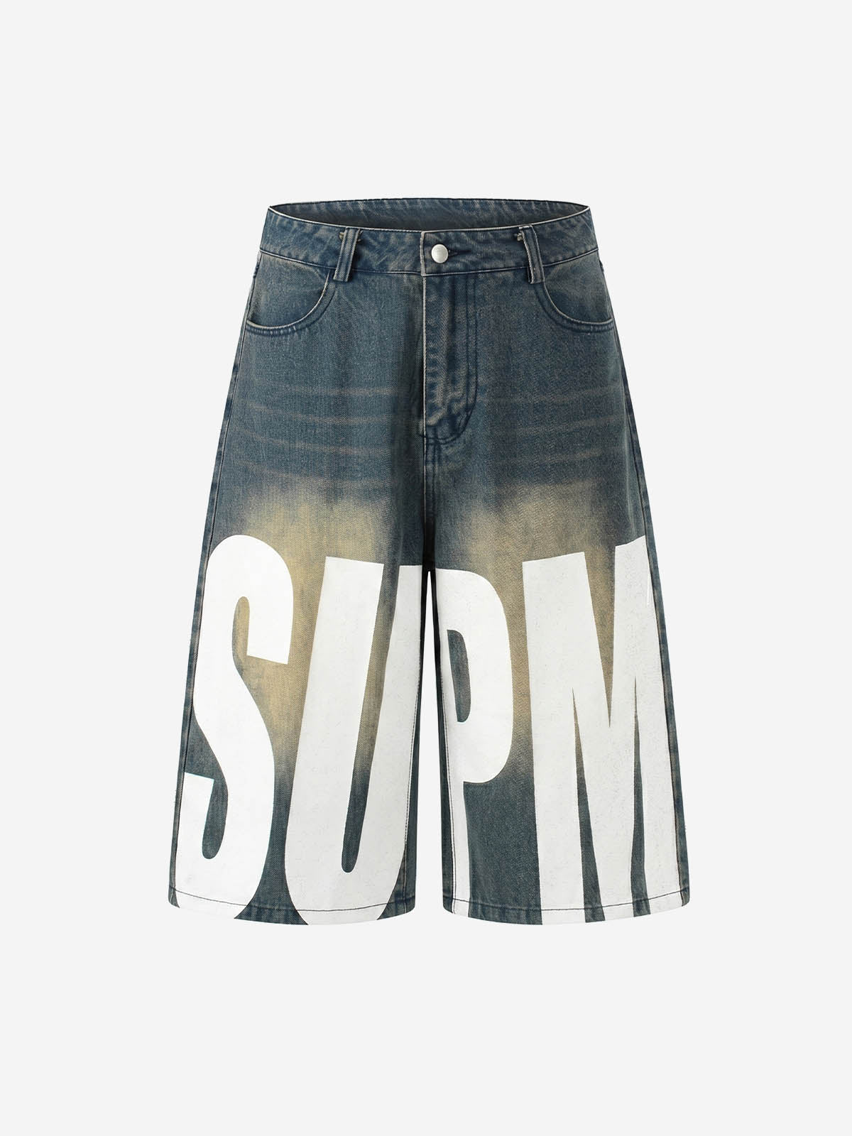 Jeansshorts mit Used-Look und SUPM-Buchstabenprint