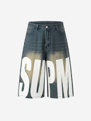 Jeansshorts mit Used-Look und SUPM-Buchstabenprint