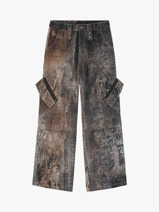 Antique-style Heavy Industry 3D Digital Printing Denim Bell-bottom Work Pants 