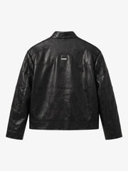 Padded-Shoulder Asymmetric Faux Leather Biker Jacket